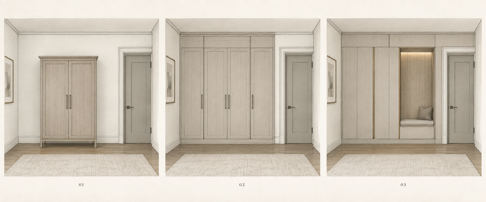 Three architectural elevation studies of the same room showing a freestanding cabinet, cabinetry fitted to the room, and a fitted interior composed as part of the room.
