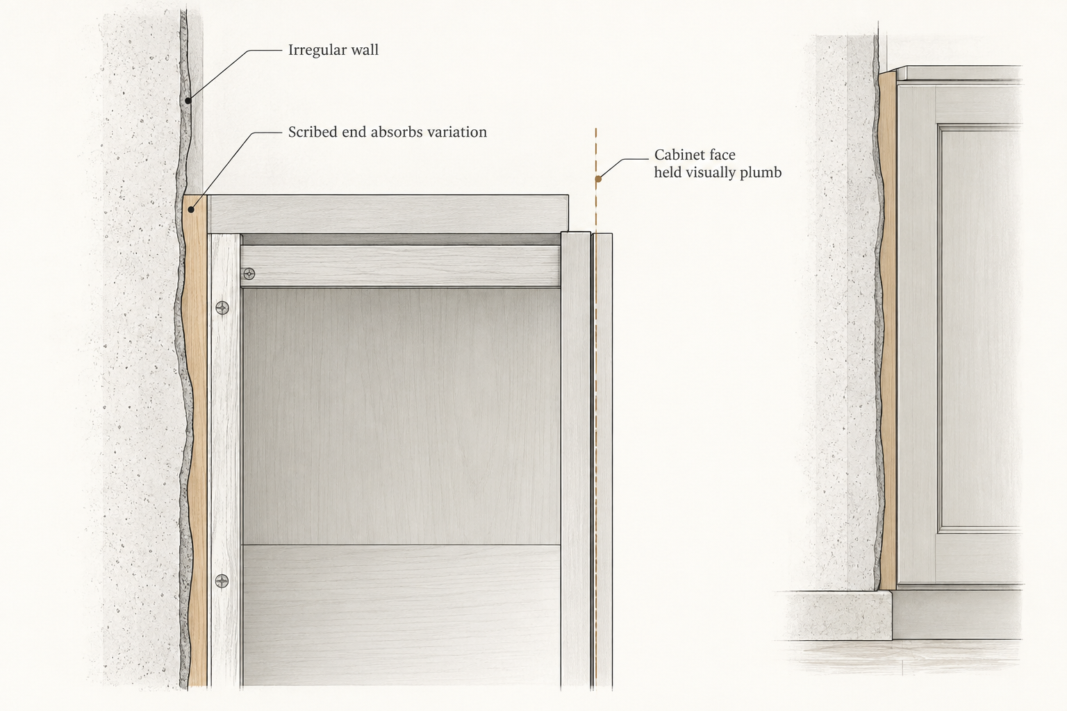 Millwork detail showing an irregular wall, a scribed end absorbing wall variation, and the cabinet face held visually plumb.