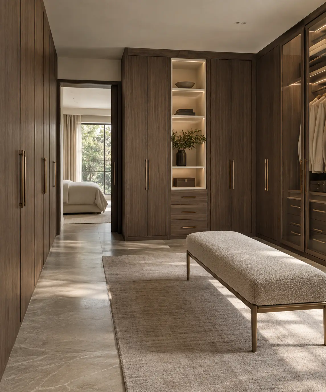 Full-height walnut dressing-room cabinetry integrated with lighting, wall planes, and the adjoining bedroom